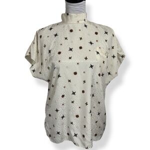 Vintage San Andre Mock Neck Satin Blouse Top Size S Oversized Ivory Flower Retro